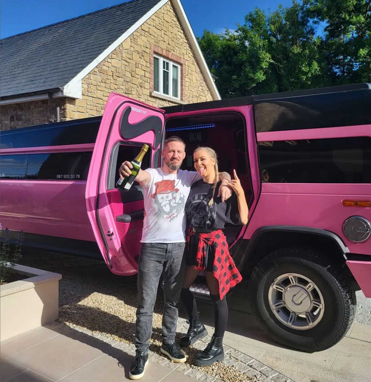 John Kavanagh, Conor McGregor's coach, rides in pink stretch-hummer with Orlagh Hunter to Guns N Roses Dublin gig