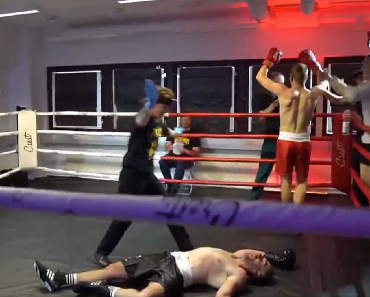 You can see TikTok's star being brutally knocked out by YouTuber. Then, medics rush to the ring to treat the stricken fighter.