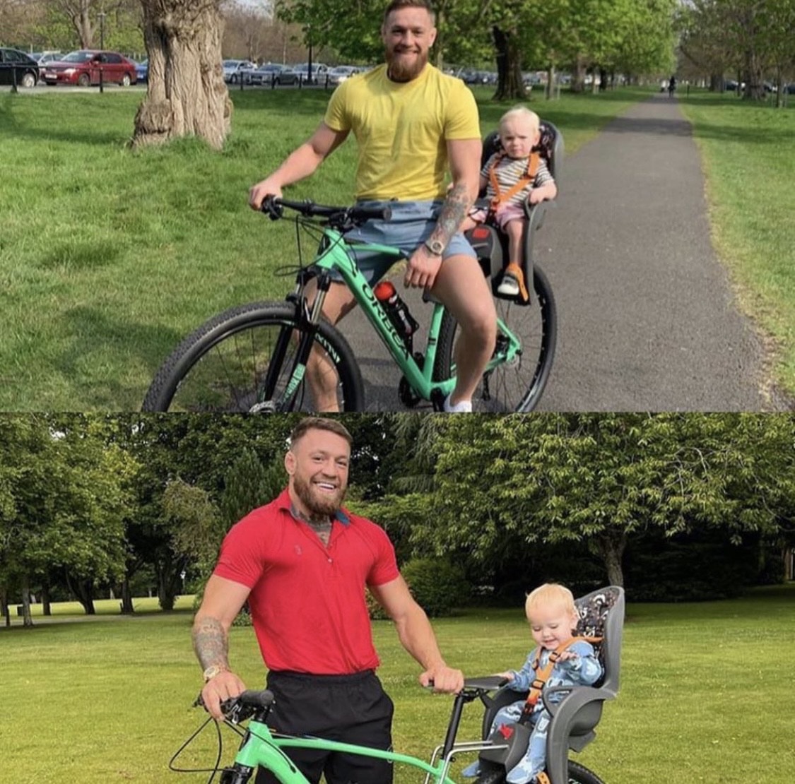 Conor McGregor, UFC champ, compares his garden with Phoenix Park while he rides in pictures with his children.