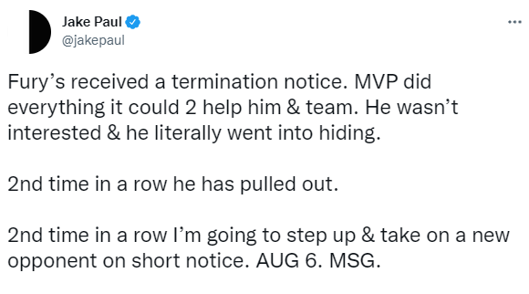 Jake Paul TERMINATES Tommy Fury's fight contract and accuses Love Island star, Love Island, of 'hiding after visa issues