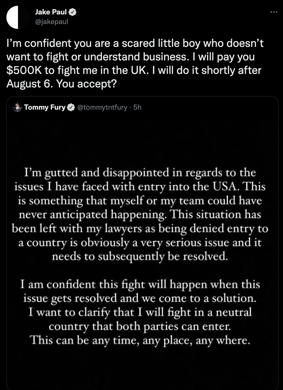 Jake Paul offers Tommy Fury $500k for a fight in the UK. This will keep celebrity bouts alive after US visa problems.