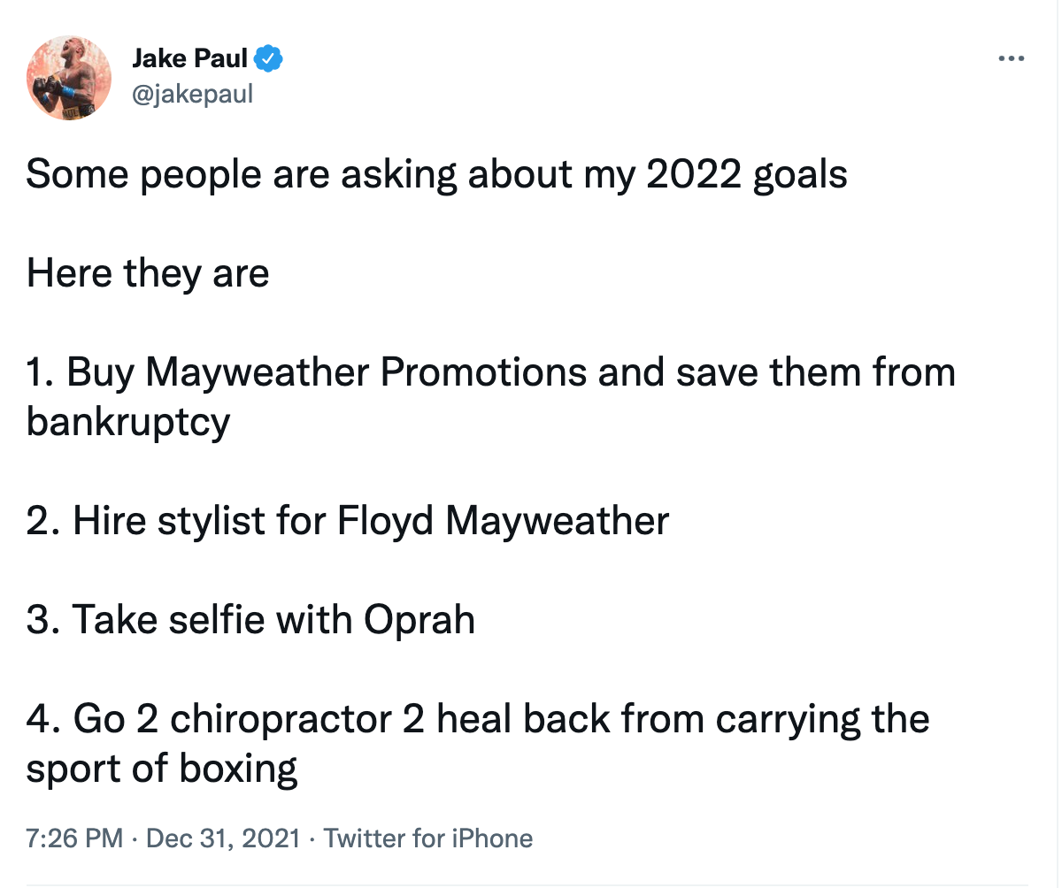 Jake Paul has four goals for 2022: Save Floyd Mayweather from Bankruptcy as he reignites their rivalry