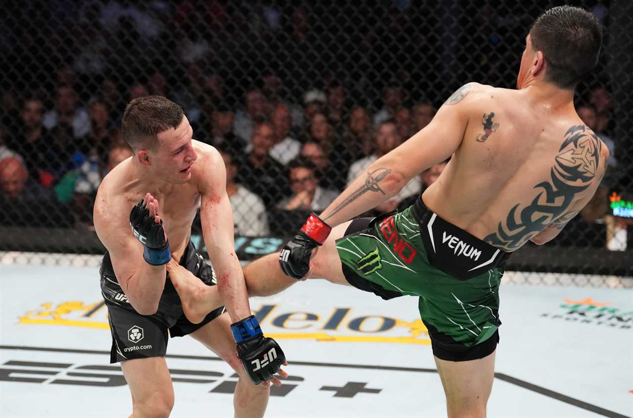 UFC star Brandon Moreno delivers a brutal liver kick to his opponent, leaving Conor McGregor stunned