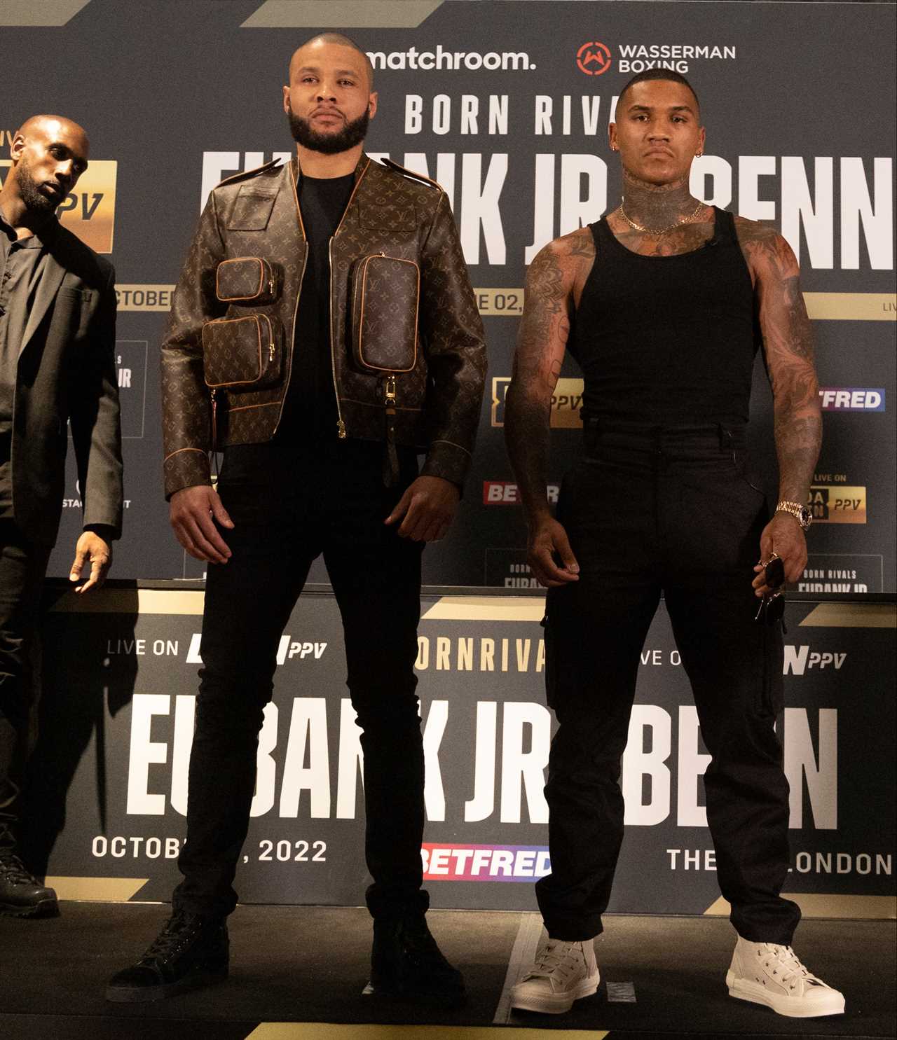 PICTURED: Chris Eubank Jr wears a $10,000 Floyd Mayweather-style Louis Vuitton jacket to the first Conor Benn press conference