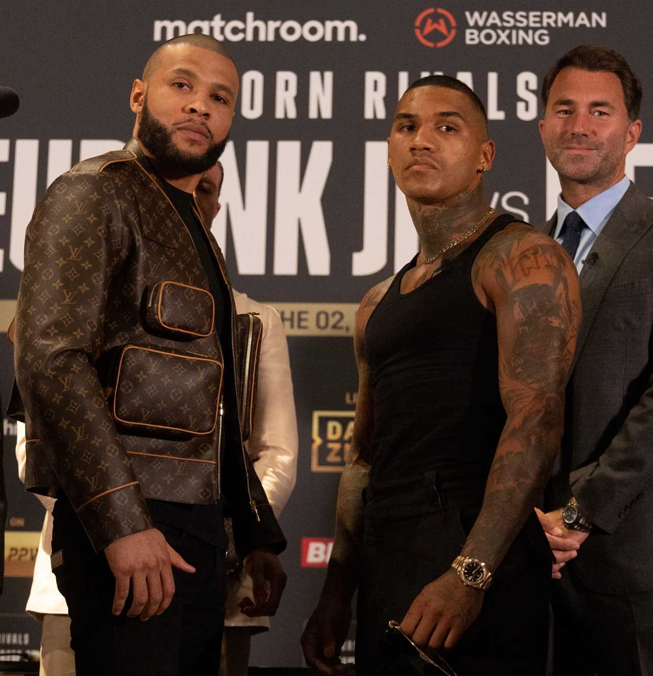 PICTURED: Chris Eubank Jr wears a $10,000 Floyd Mayweather-style Louis Vuitton jacket to the first Conor Benn press conference