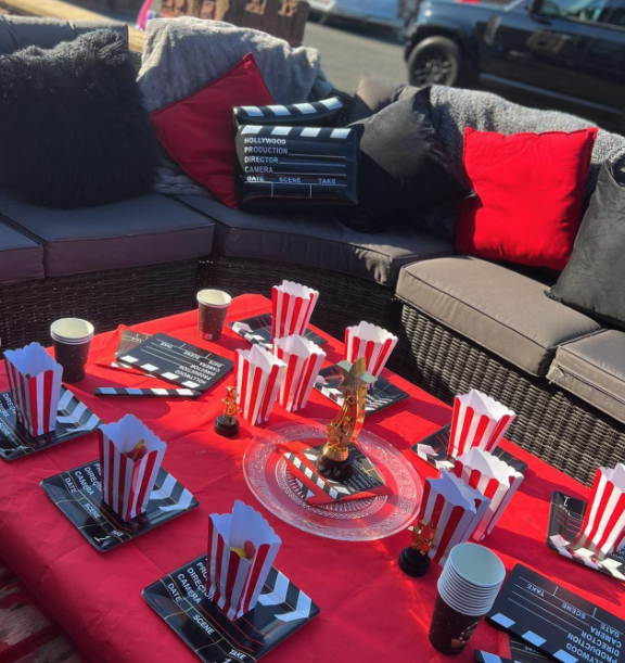 Tyson Fury's movie-night-themed birthday and retirement party featuring giant screen, red carpet, and popcorn machine