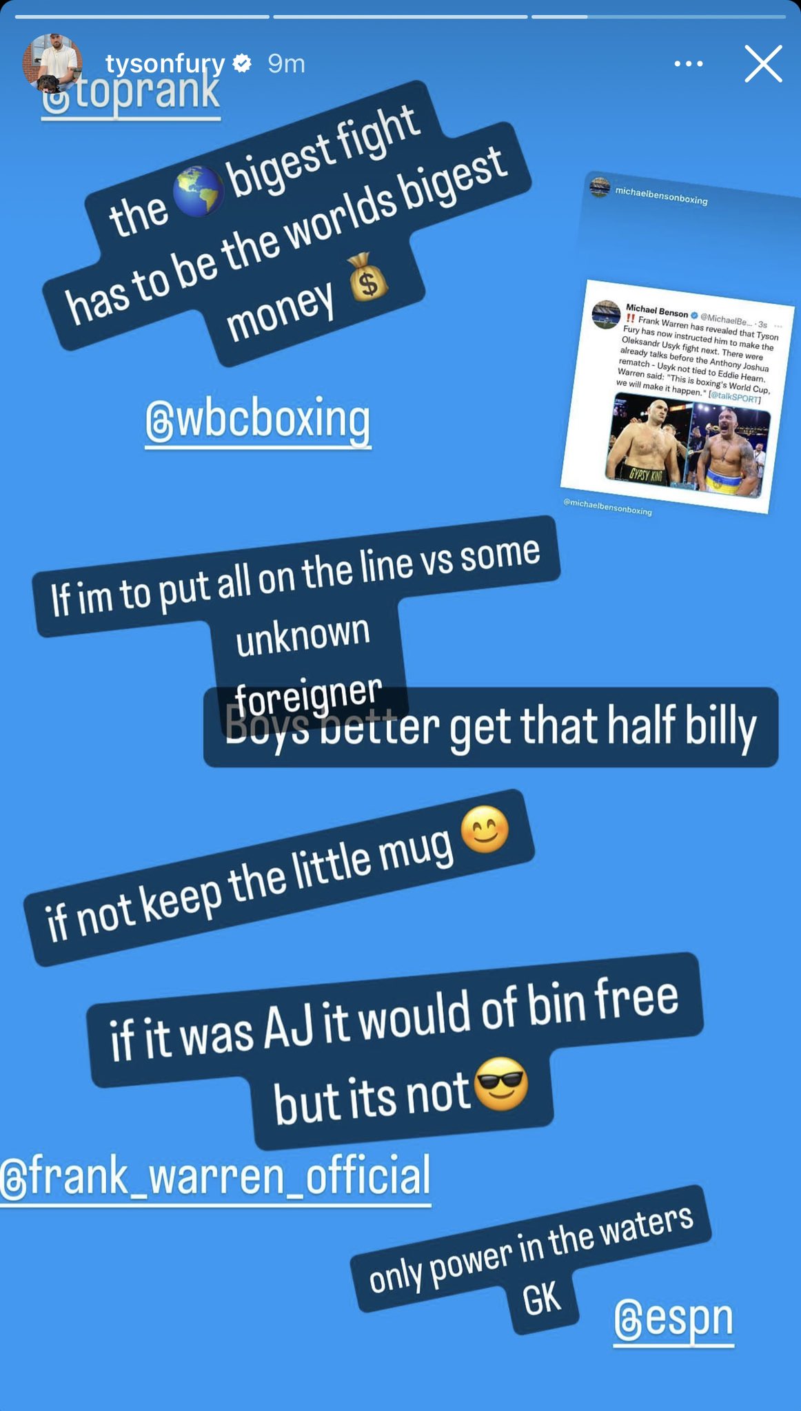 Tyson Fury claims that he would have fought Anthony Joshua free of charge and tells Warren to make Usyk pay HALF A BILLION.
