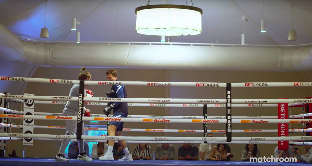 Eddie Hearn FLOOR Matchroom right-hand man sparring with brutal body shots as he displays his boxing skills