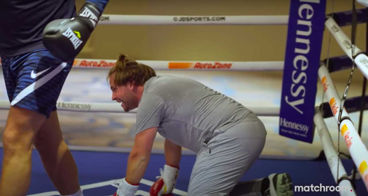 Eddie Hearn FLOOR Matchroom right-hand man sparring with brutal body shots as he displays his boxing skills