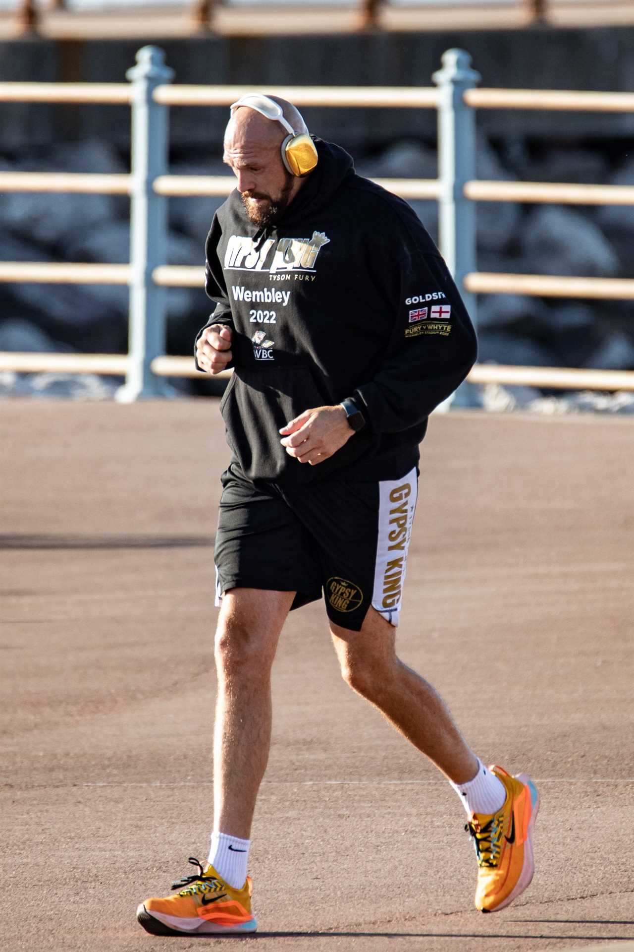 Tyson Fury was spotted running through Morecambe ahead of the Oleksandr Usyk fight.