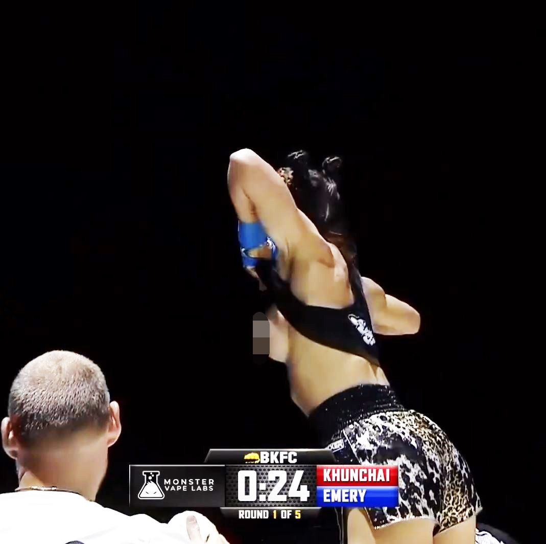 Tai Emery, bare knuckle fighter, celebrates stunning KO victory by raising up and flashing BOOBS at crowd