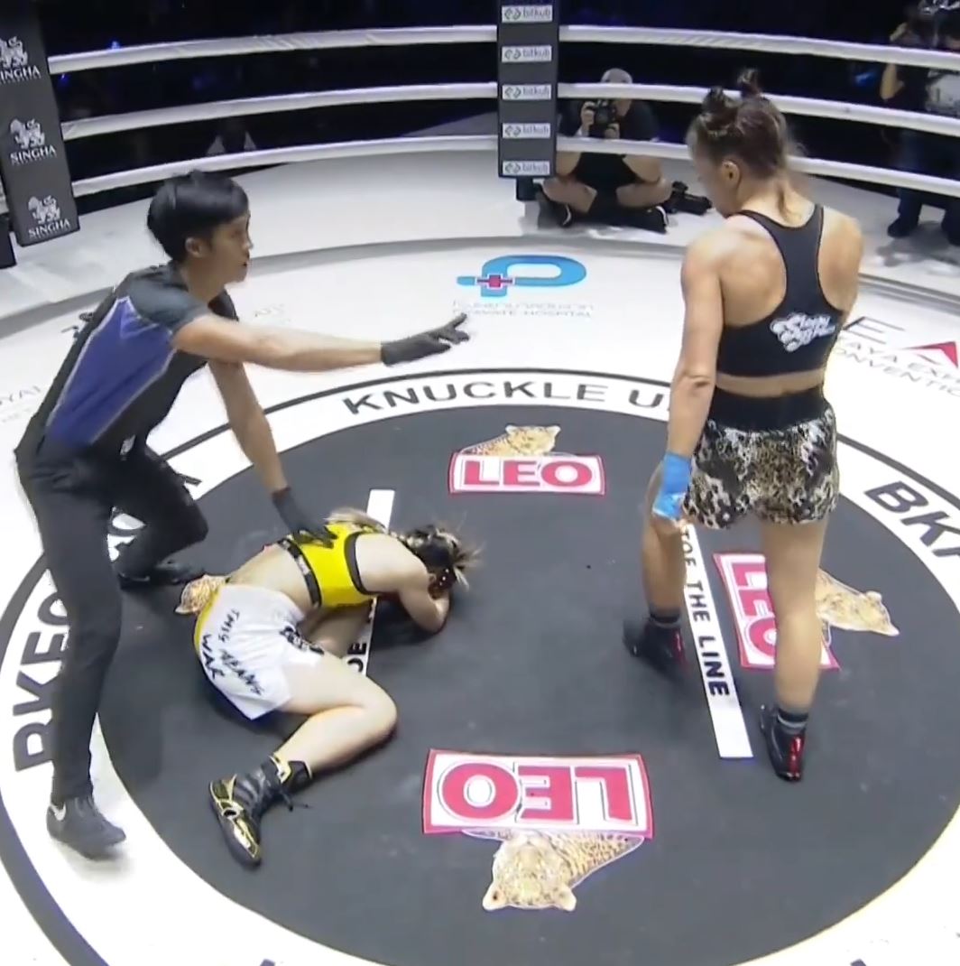 Tai Emery, bare knuckle fighter, celebrates stunning KO victory by raising up and flashing BOOBS at crowd