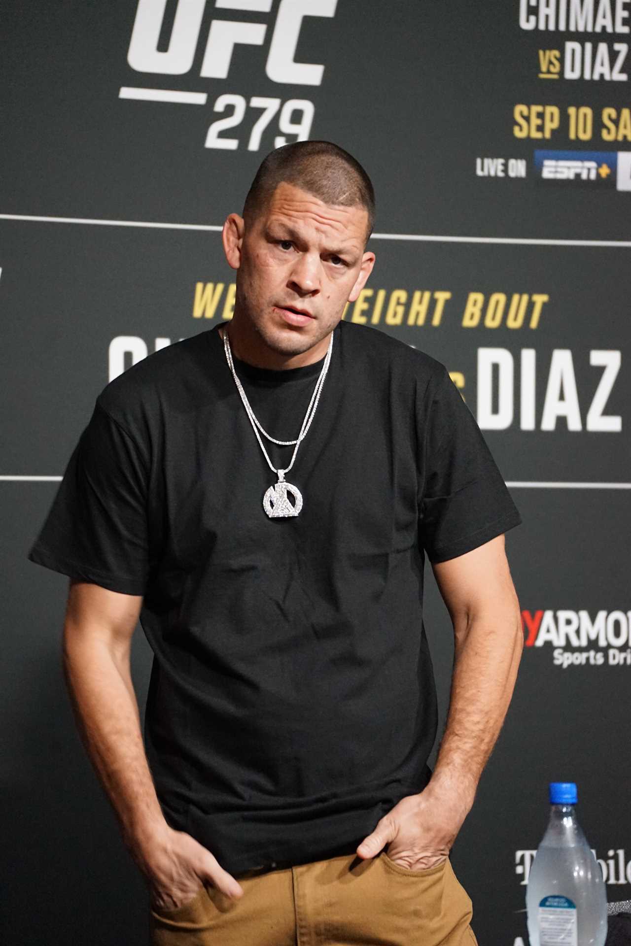 Khamzat Chimaev, Nate Diaz opponent, gets into a brawl backstage at UFC event, forcing Dana White to cancel.
