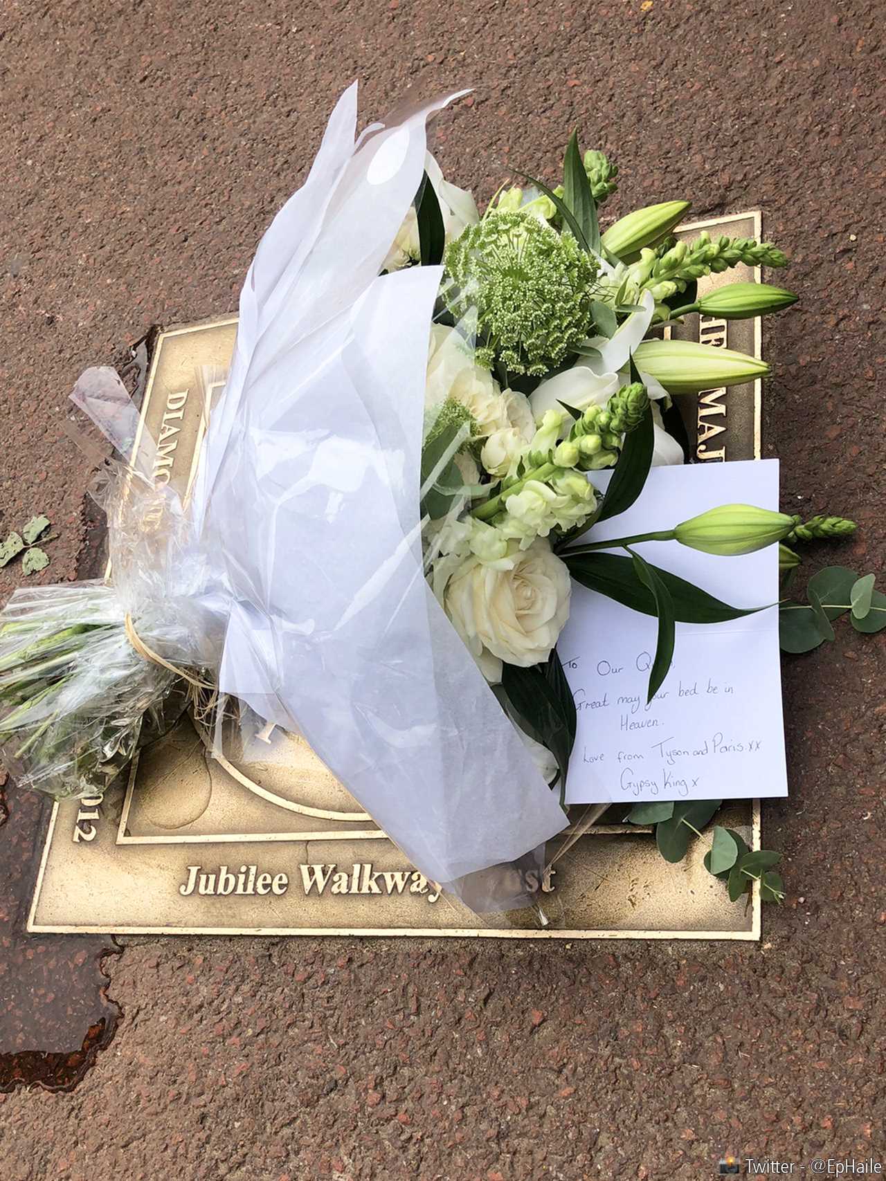Paris and Tyson Fury pay sweet tribute to the Queen by placing flowers at Buckingham Palace's gates.