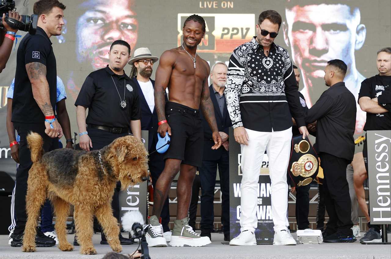Eddie Hearn looks perplexed when Boxer brings his DOG along to the Canelo Vs Golovkin weigh in.