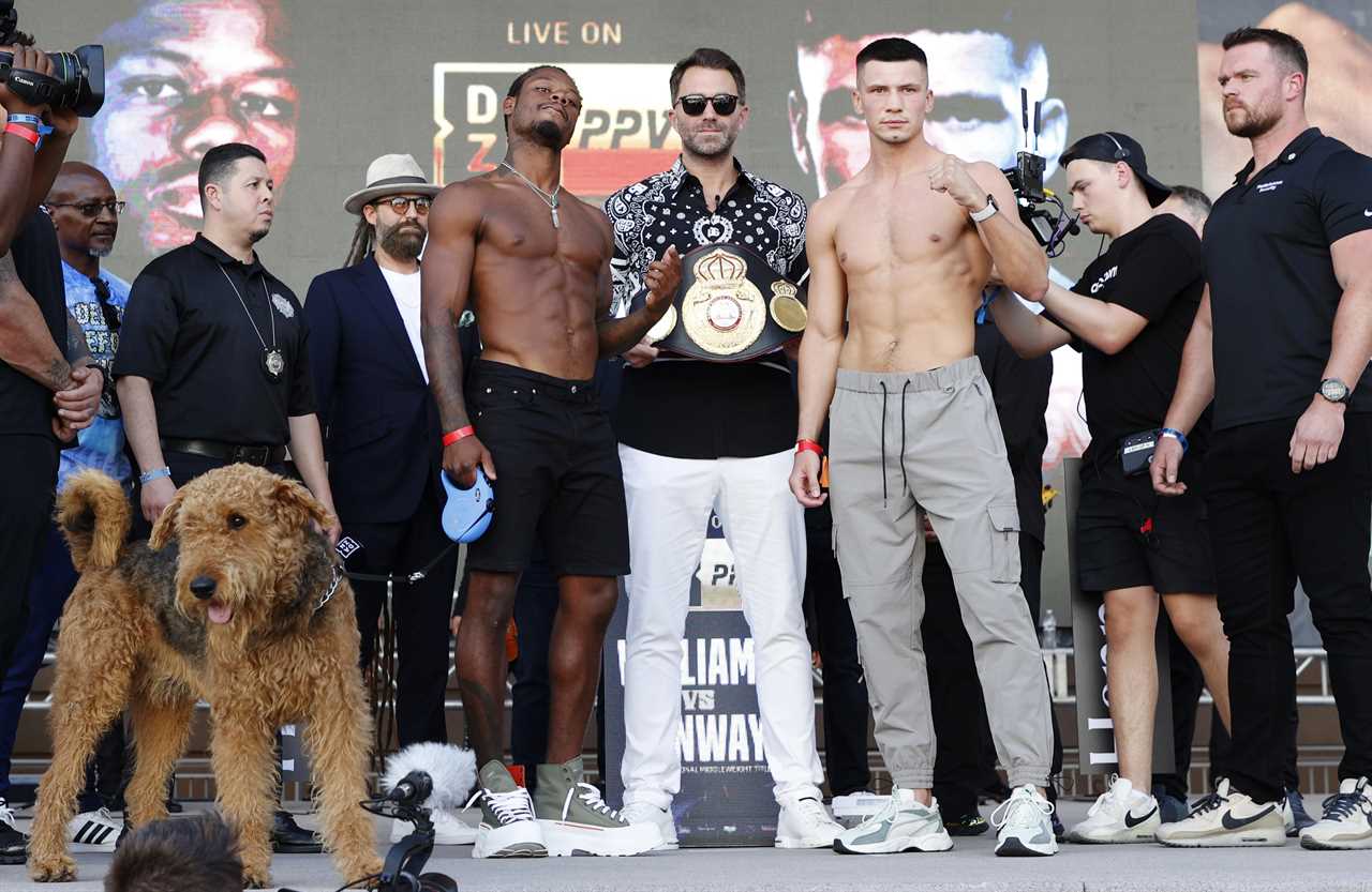 Eddie Hearn looks perplexed when Boxer brings his DOG along to the Canelo Vs Golovkin weigh in.