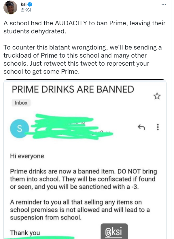 KSI is furious that his Prime drink was banned at school - and he reveals his revenge