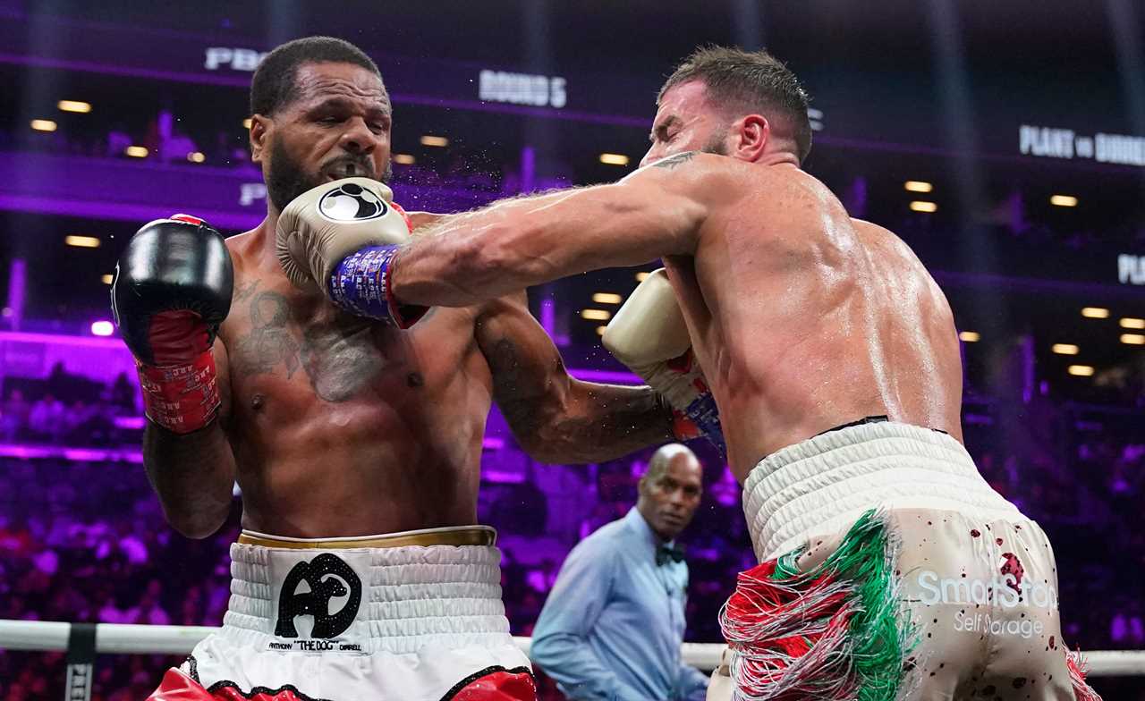 Caleb Plant is tackled by referee after he did a 'digging grave celebration' following the brutal Anthony Dirrell KO