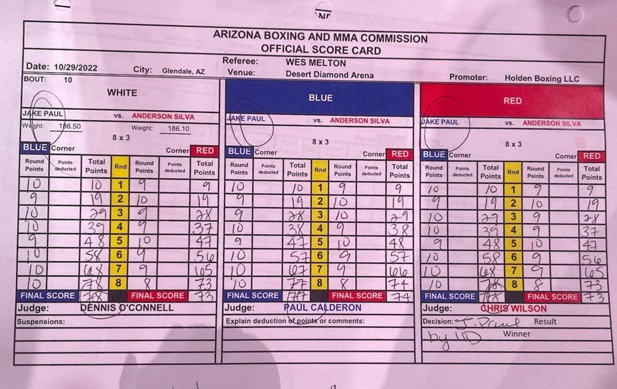 Scorecards for Jake Paul vs Anderson Silva revealed by YouTube star as YouTube star seals points victory with late knockdown from UFC legend