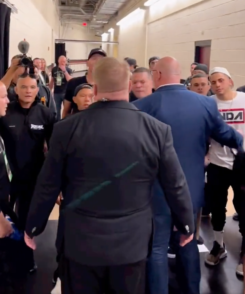After a shocking 20-man brawl following Anderson Silva fight, watch Nate Diaz punch one of Jake Paul's teammates backstage
