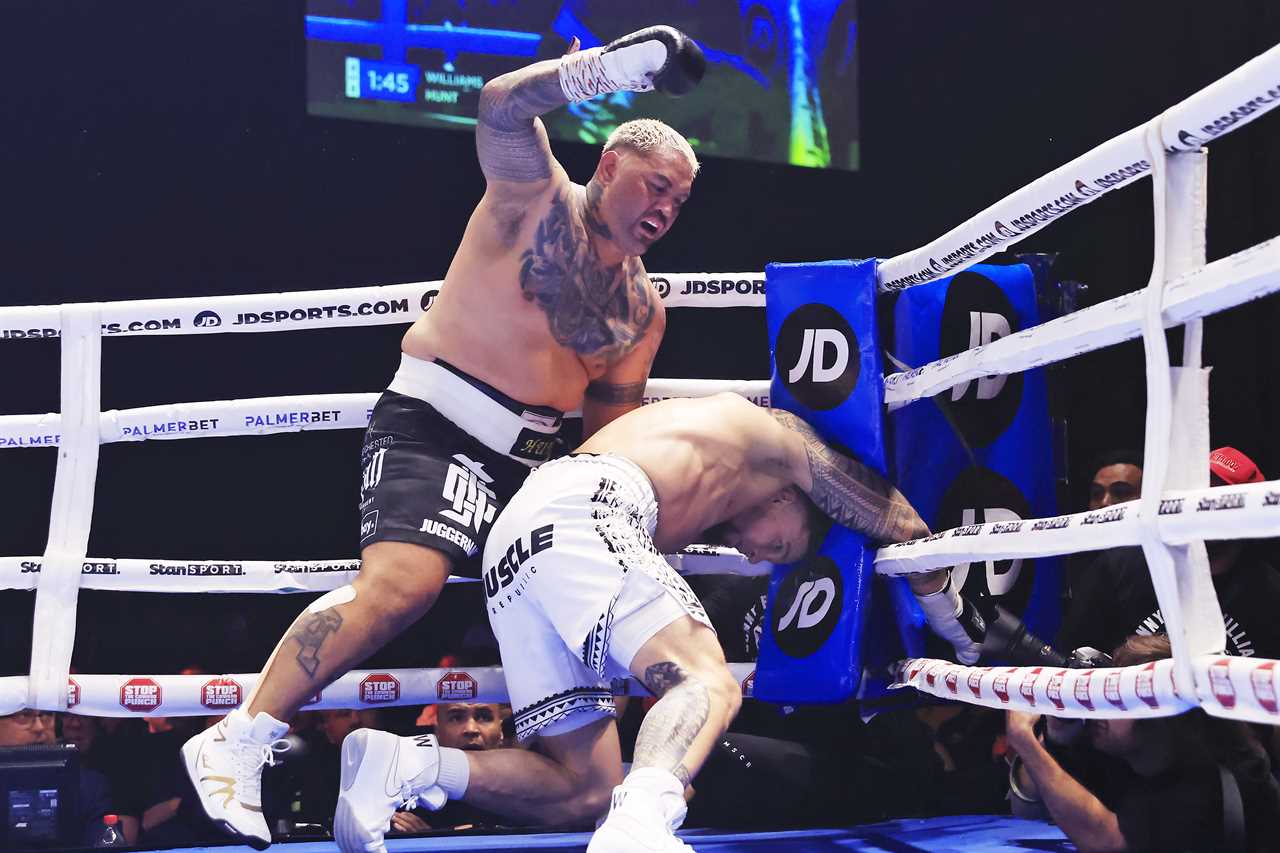 In a shocking upset, Sonny Bill Williams is brutally knocked out by Mark Hunt, 48.
