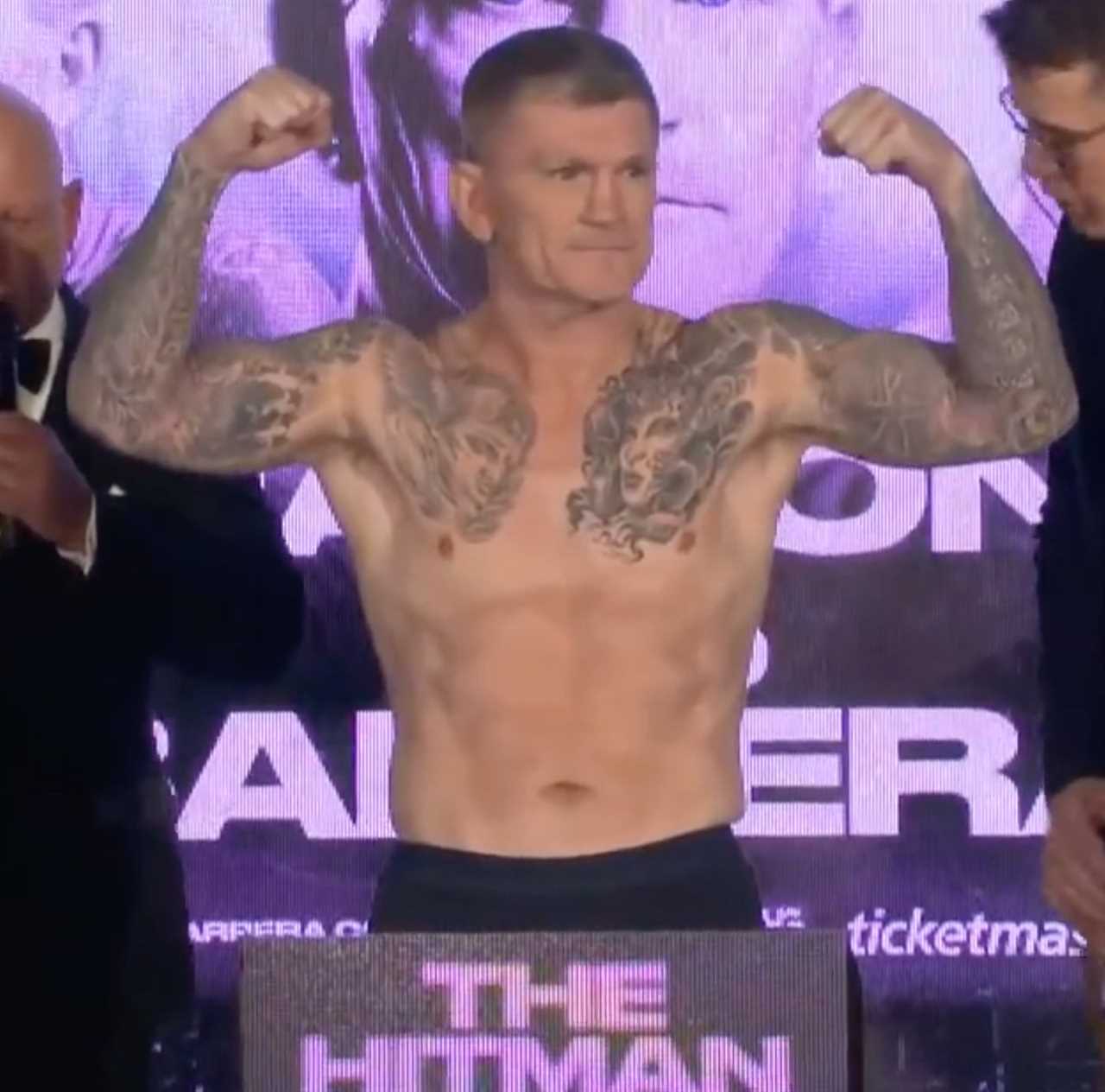 Fans stunned by Ricky Hatton's ripped abs during weigh-in for Barrera fight.