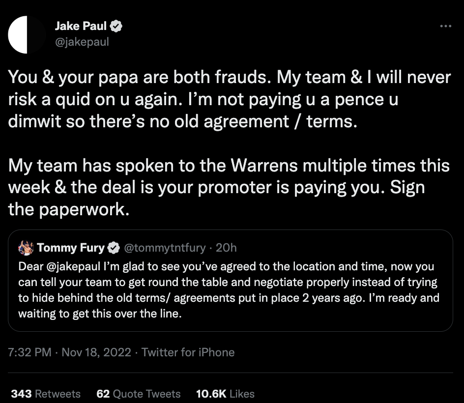 Jake Paul blasts Tommy Fury's frauds and dad John in a blistering Twitter attack. He claims he will NEVER 'pay them one quid'