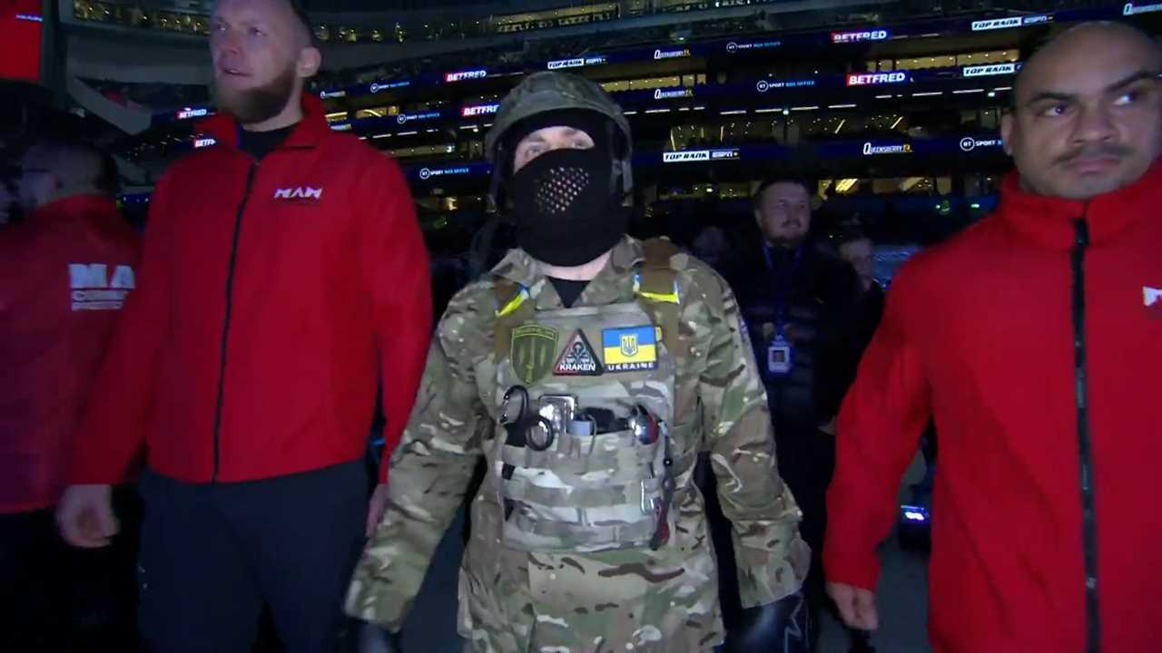 Denis Berinchyk, a Ukrainian boxer, wears a full military uniform to ringwalk on Tyson Fury undercard vs Derek Chisora