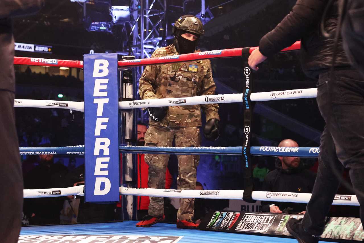 Denis Berinchyk, a Ukrainian boxer, wears a full military uniform to ringwalk on Tyson Fury undercard vs Derek Chisora