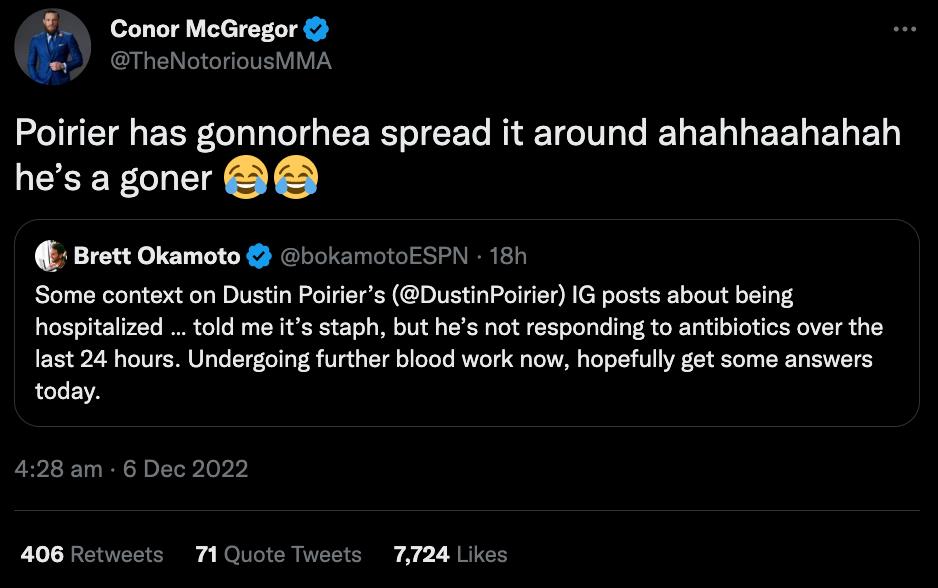 Conor McGregor says Dustin Poirier has STD after UFC competitor battles life-threatening infection from hospital bed