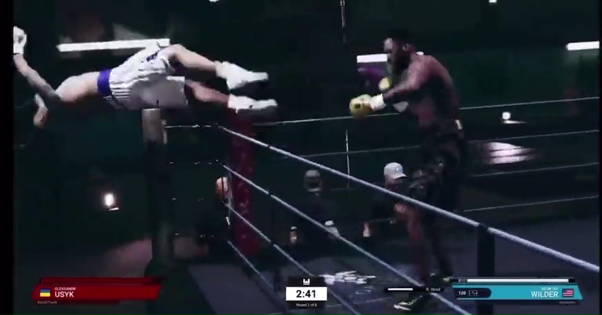 In a hilarious video game glitch, watch Deontay Wilder's KO punch send Oleksandr Uzyk flying out the ring.