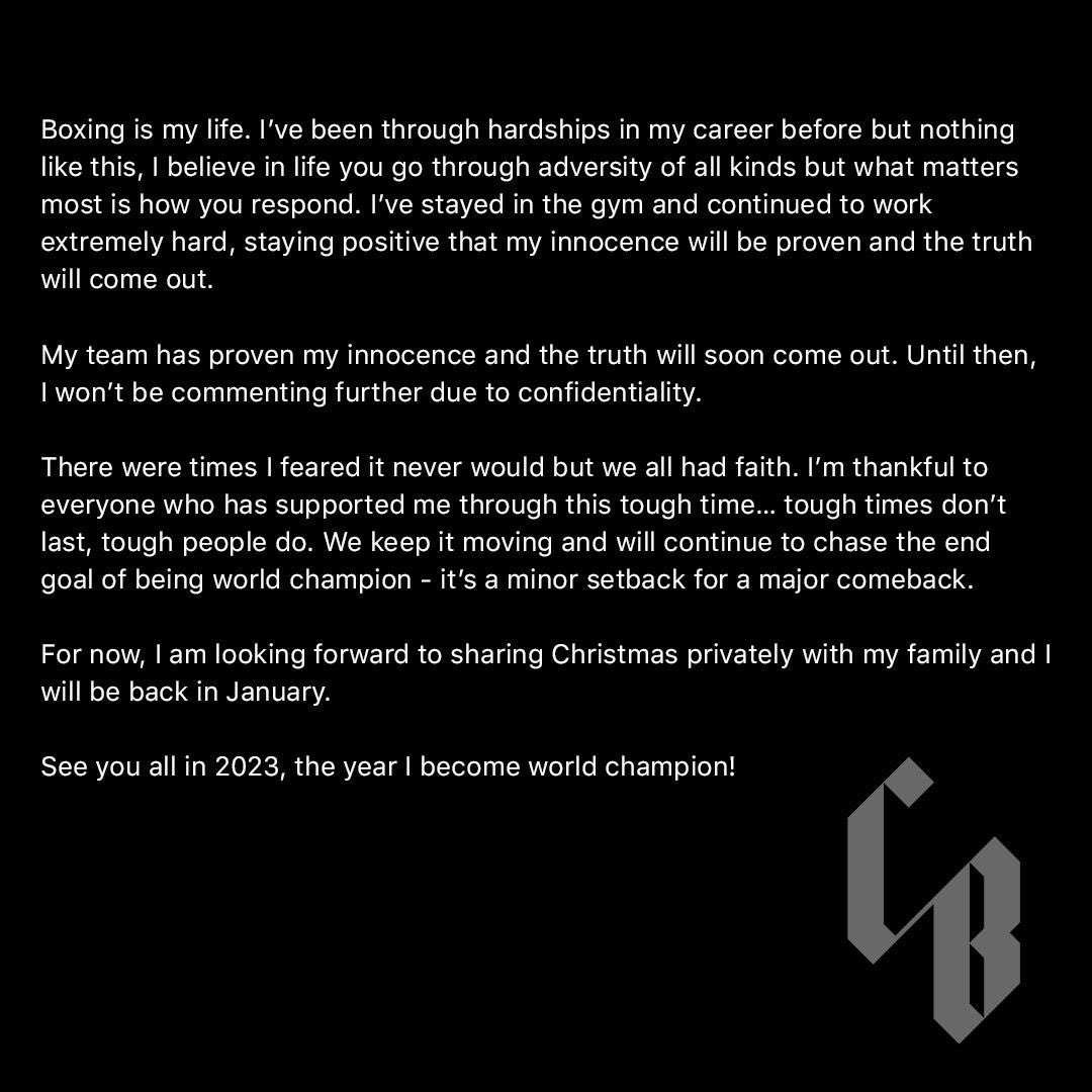 Conor Benn issues statement stating that his innocence has been proved and that he will be the world champion next year