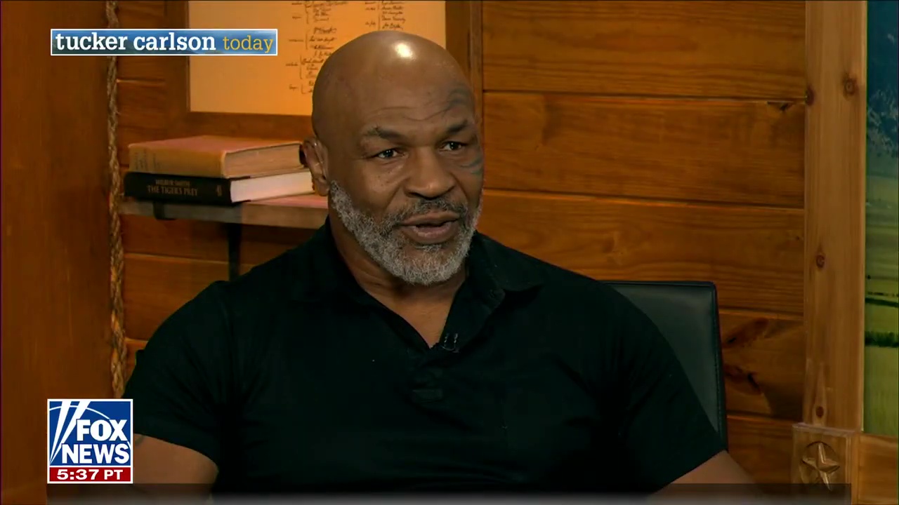 Tucker Carlson is watching stony-faced Mike Tyson making nervous laughter as he claims he 'wanted' to kill his opponents