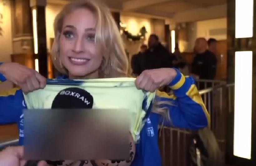 Watch Ebanie bridges' stunned reaction as a boxer flashes his boobs during an interview after OnlyFans launch
