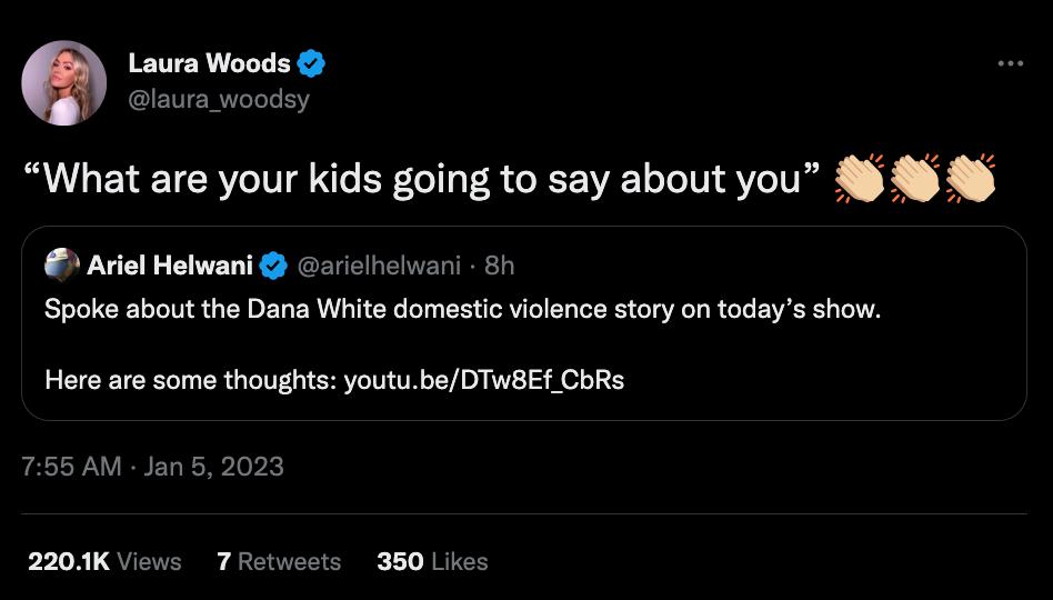 Laura Woods applauds Ariel Helwani as he calls out Dana White, UFC boss, for his wife's slaps