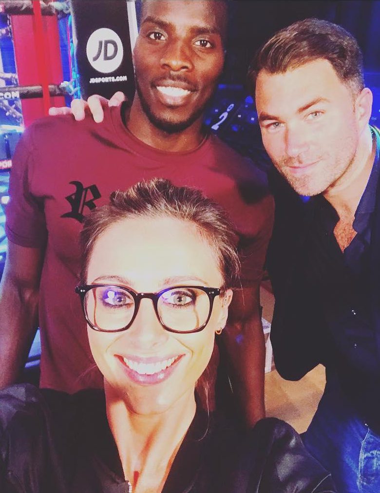 Here Anna Woolhouse stands with one of Eddie Hearn's (right) next big prospects Lawrence (Okolie left)