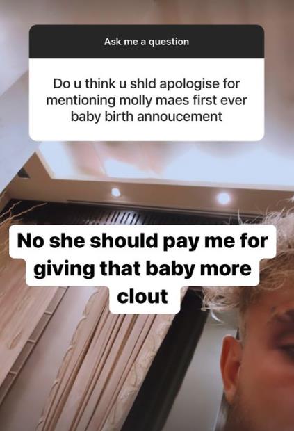 Jake Paul won't apologise to Tommy Fury or Molly-Mae for their baby leakage and insists that they should pay him