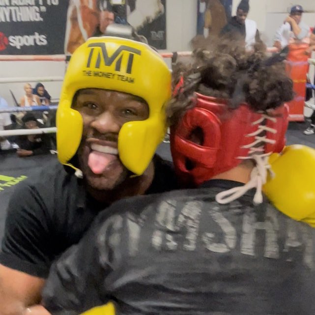 Floyd Mayweather is seen leaving YouTube star Jarvis after sparring in the boxing legend's gym.