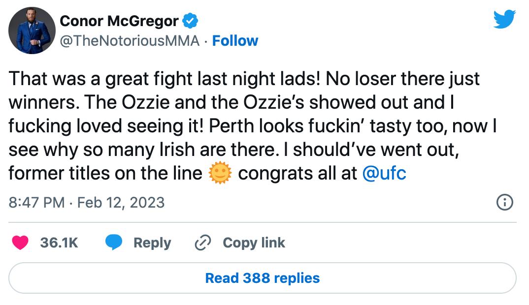 Conor McGregor shocks Khabib protégé Islam Makhachev following UFC 284 war against Alexander Volkanovski
