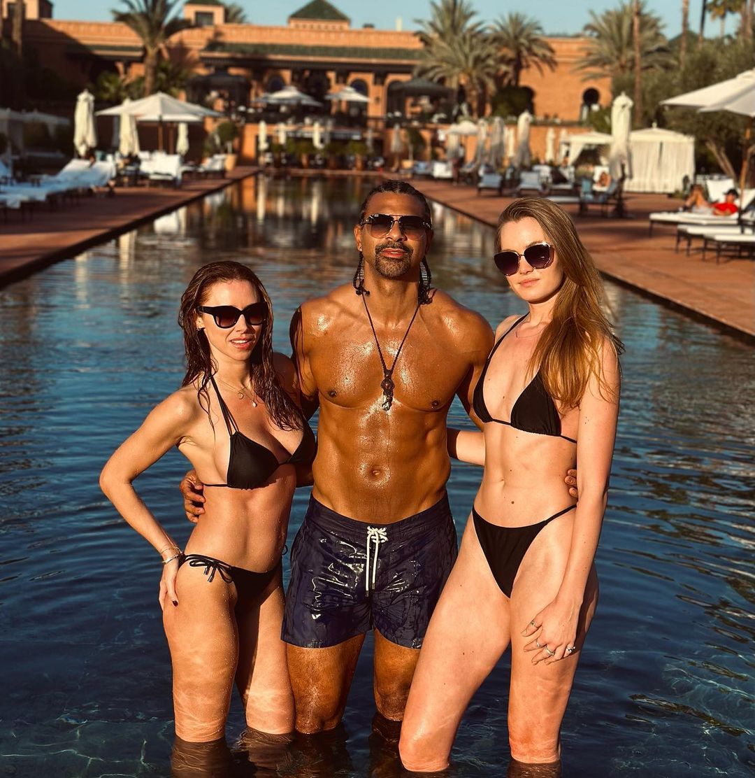 David Haye, 42 years old, displays a ripped body as the throuple-loving ex boxer enjoys hol time with Sian Williams