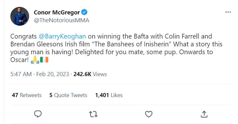 Conor McGregor is delighted for Barry Keoghan's Bafta win.