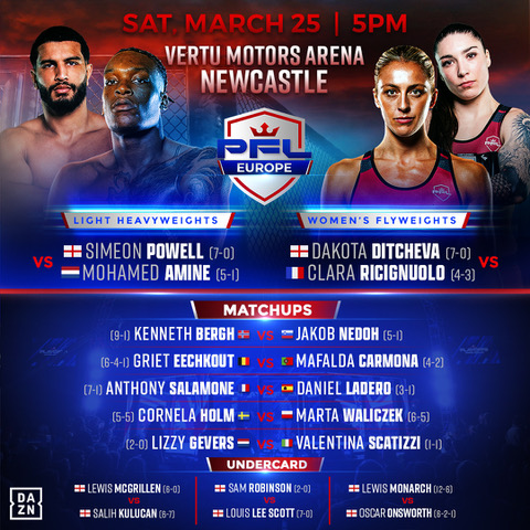 PFL unveils first fight card for European tournament. MMA prospects compete for the $100,000 winner-takes-all prize