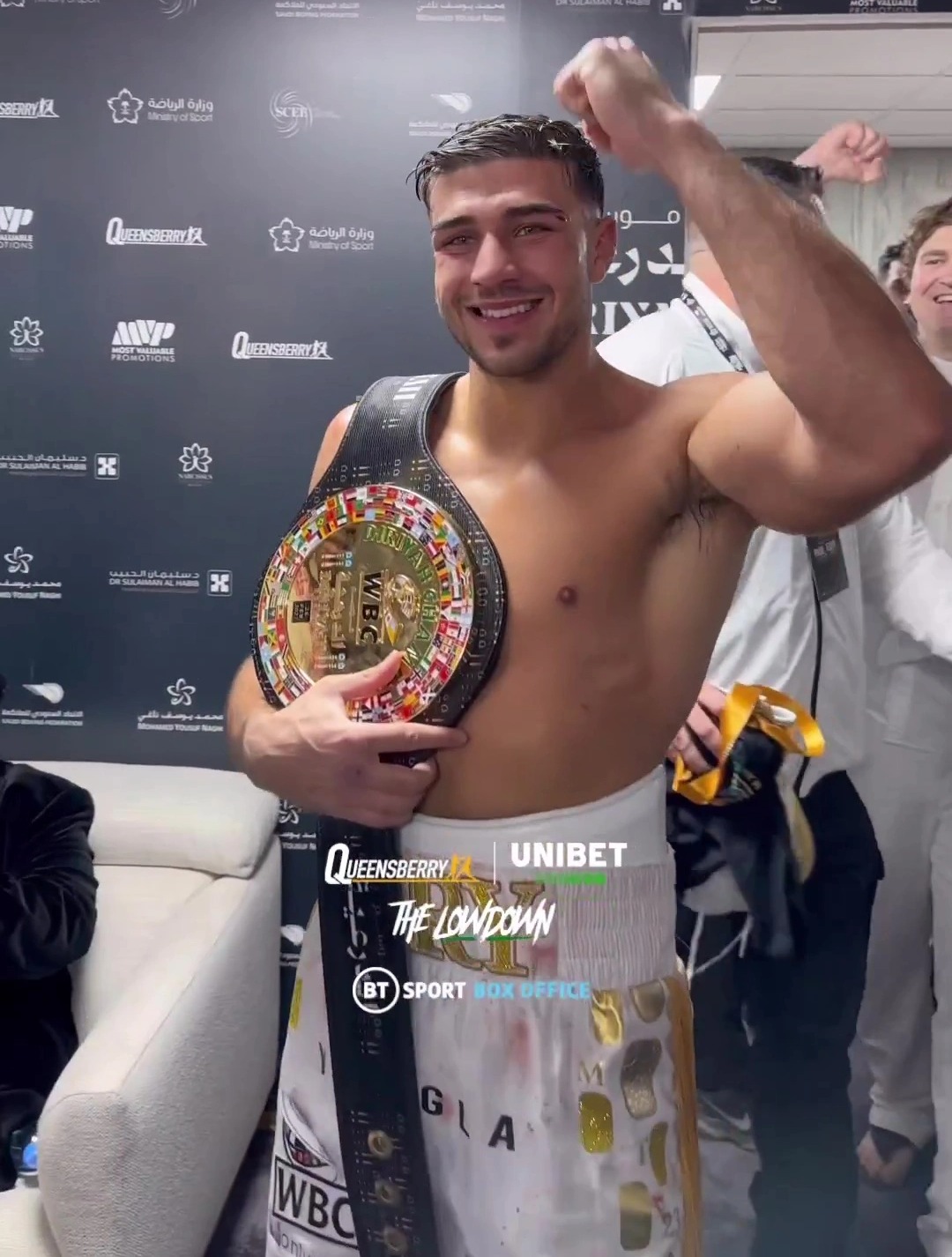 Tommy Fury's wild dressing-room celebrations after Jake Paul win, as Tyson leads chants.