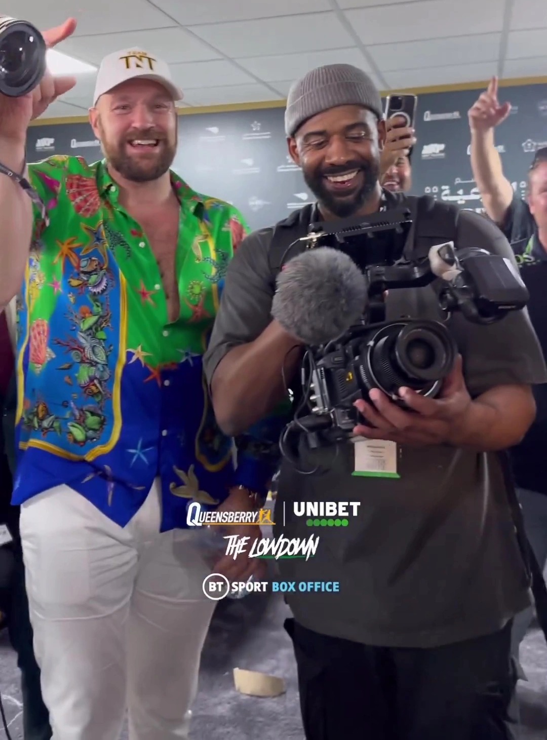 Tommy Fury's wild dressing-room celebrations after Jake Paul win, as Tyson leads chants.