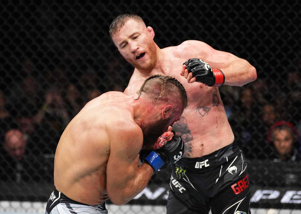 UFC star Rafael Fiziev, shows Justin Gaethje his battered and bloodied face after a war.