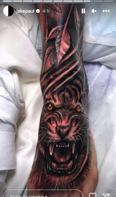 Jake Paul displays a brand new collection of tattoos, including a full leg sleeve featuring an angel and a massive tiger on the foot.