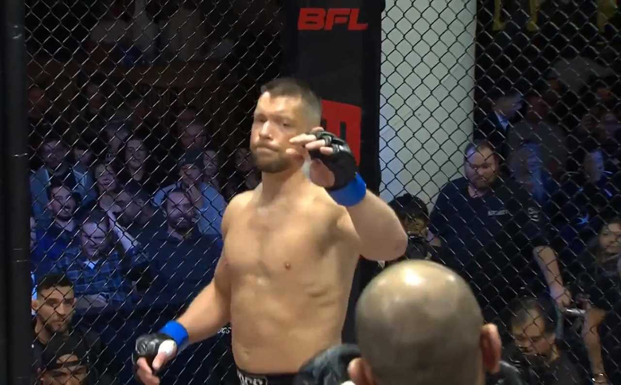 A cheap-trick MMA fighter at the start of a fight is instantly rewarded with instant karma when he's KO'd seconds later