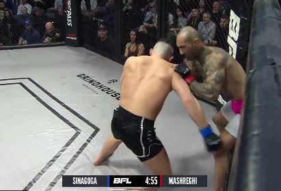 A cheap-trick MMA fighter at the start of a fight is instantly rewarded with instant karma when he's KO'd seconds later