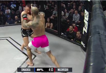A cheap-trick MMA fighter at the start of a fight is instantly rewarded with instant karma when he's KO'd seconds later