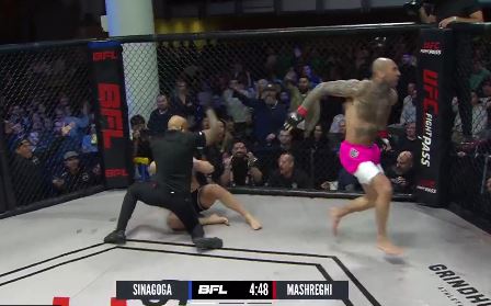 A cheap-trick MMA fighter at the start of a fight is instantly rewarded with instant karma when he's KO'd seconds later